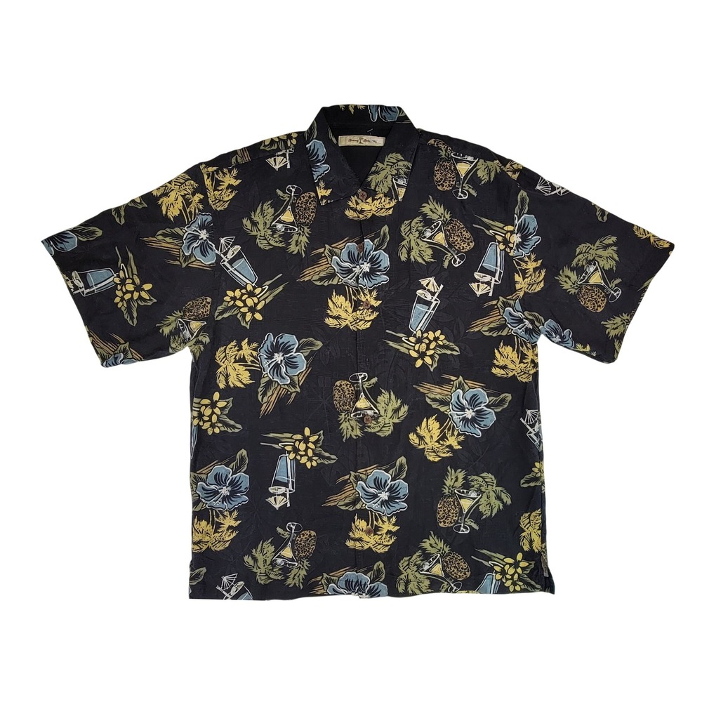 Tommy Bahama Mens Silk Aloha Shirt Black Tropical Pineapple Print Short‎ Sleeve
